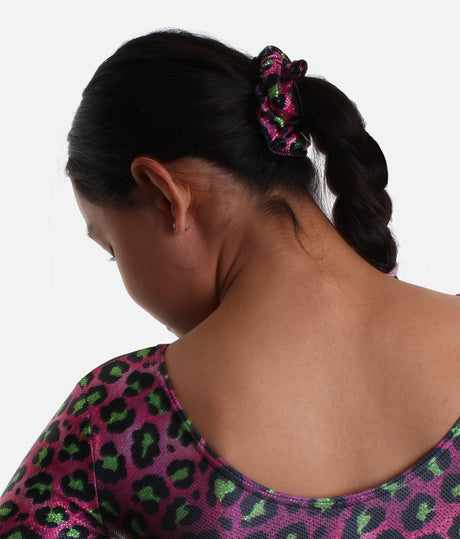 Girls Long Sleeve Gymnastics Leotard, Wild Cheetah Print with Scrunchie - 7828