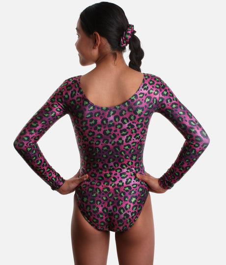 Girls Long Sleeve Gymnastics Leotard, Wild Cheetah Print with Scrunchie - 7828