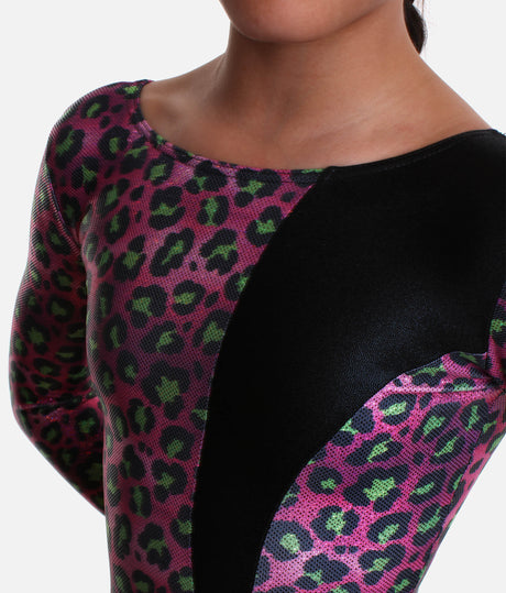 Girls Long Sleeve Gymnastics Leotard, Wild Cheetah Print with Scrunchie - 7828
