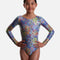 Mondor Lovely 7831 girls’ long sleeve gymnastics leotard with multicoloured hearts, a rainbow background, metallic shimmer and a round neckline.