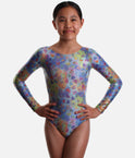 Mondor Lovely 7831 girls’ long sleeve gymnastics leotard with multicoloured hearts, a rainbow background, metallic shimmer and a round neckline.