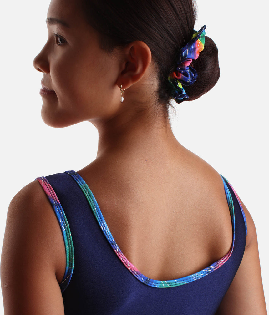 Girls Multi-colour Gymnastics Leotard with Rainbow Trim + Scrunchie - 7867