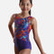 Mondor URBAN 7889 girls’ tank gymnastics leotard with a colourful splash-print upper panel, shimmering dots and asymmetric purple lower panel.