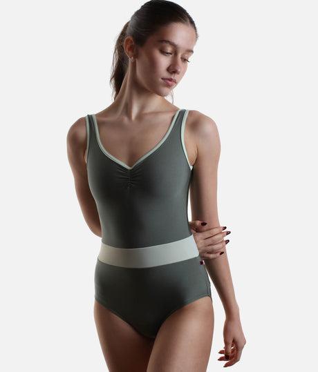 Tank Leotard in Sage – Elegant V-Neck with Contrast Waist Detail - LUCY