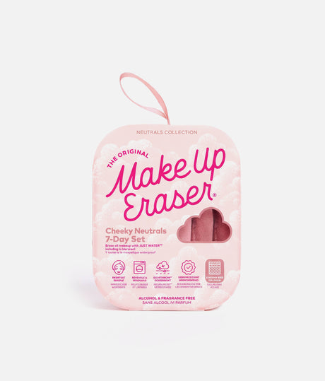 Make Up Eraser Cheeky Neutrals 7-Day Set in a pink cloud-shaped hanging pouch with a heart-shaped window showing the pink makeup pads inside, on a light gray background.