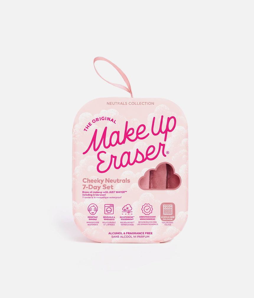 Make Up Eraser Cheeky Neutrals 7-Day Set in a pink cloud-shaped hanging pouch with a heart-shaped window showing the pink makeup pads inside, on a light gray background.