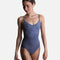 Front view of the Mirella Adagio M70008LM leotard in Dusty Grey, with slim camisole straps and floral embroidery beneath the scoop neck.