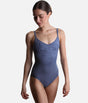 Front view of the Mirella Adagio M70008LM leotard in Dusty Grey, with slim camisole straps and floral embroidery beneath the scoop neck.