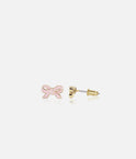 Girl Nation Pretty Pink Bow stud earrings shown from the front and side with a straight post and removable back
