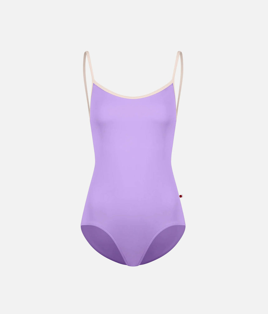 YUMIKO Tamara Iris leotard, front product view with Misty Rose trim, slender camisole straps and a high-cut leg.