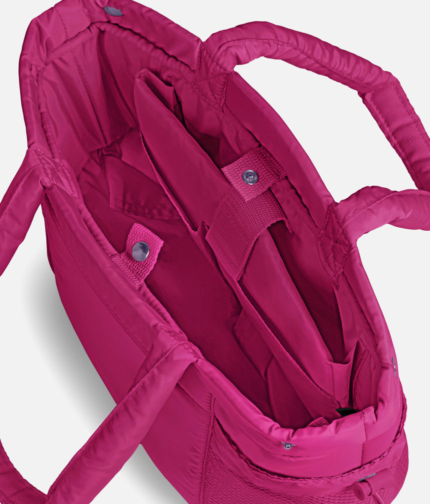 Open BLOCH Petite Studio Dance Bag in Mulberry, showing the main compartment, internal pockets and padded handles.