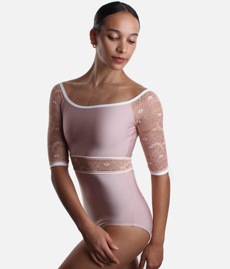 Boat Neckline Ballet Leotard with Lace Sleeves & Waist Detail - AFRODITE DI ROSE