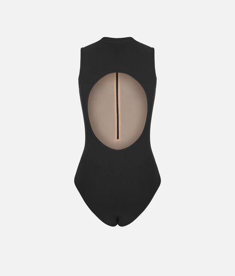 Back of Mara Dancewear Aura Total Black sleeveless leotard, with a rounded cut-out and front lining visible through it.