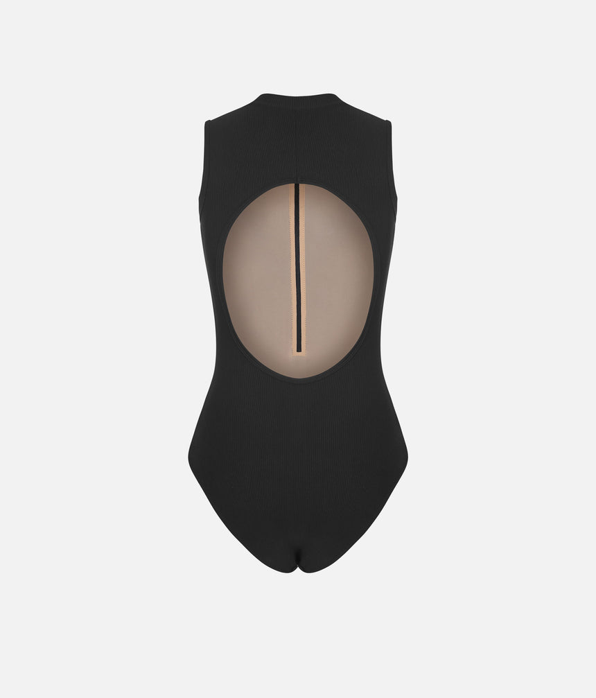 Back of Mara Dancewear Aura Total Black sleeveless leotard, with a rounded cut-out and front lining visible through it.