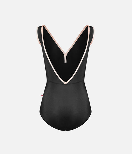 A black one-piece swimsuit with a deep V-neckline and thin shoulder straps, outlined with a contrasting light pink trim, shown against a plain light gray background.
