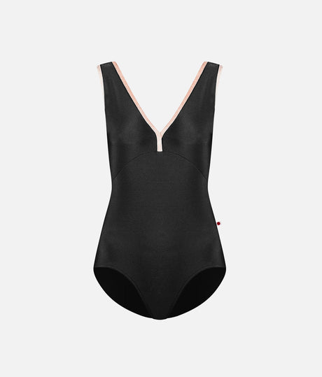 A black one-piece swimsuit with a deep V-neckline and thin light pink trim along the neckline, shown against a light gray background.