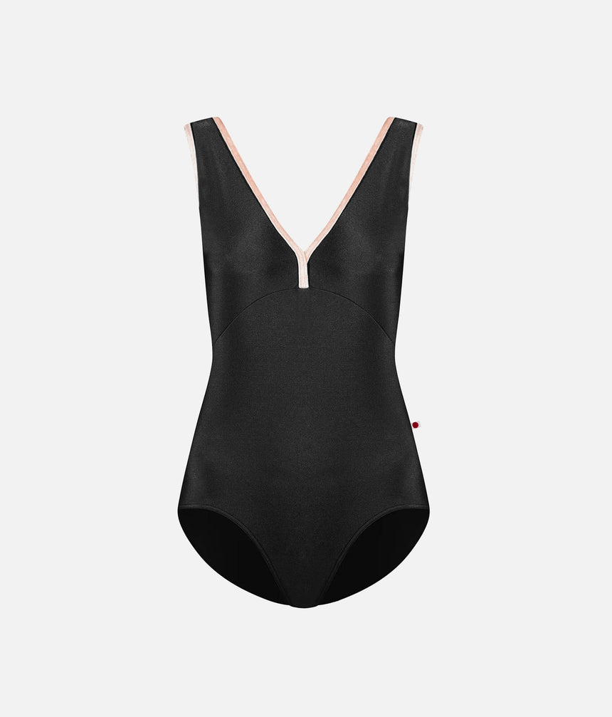 A black one-piece swimsuit with a deep V-neckline and thin light pink trim along the neckline, shown against a light gray background.