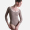 Mara Dancewear Alma Soft Brown ballet leotard, front view with 3/4 sleeves, scoop neckline and curved underbust seam.