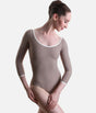 Mara Dancewear Alma Soft Brown ballet leotard, front view with 3/4 sleeves, scoop neckline and curved underbust seam.