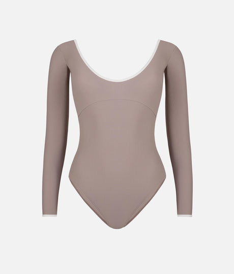 Mara Dancewear Alma Soft Brown ballet leotard, front view with 3/4 sleeves, scoop neckline and curved underbust seam.