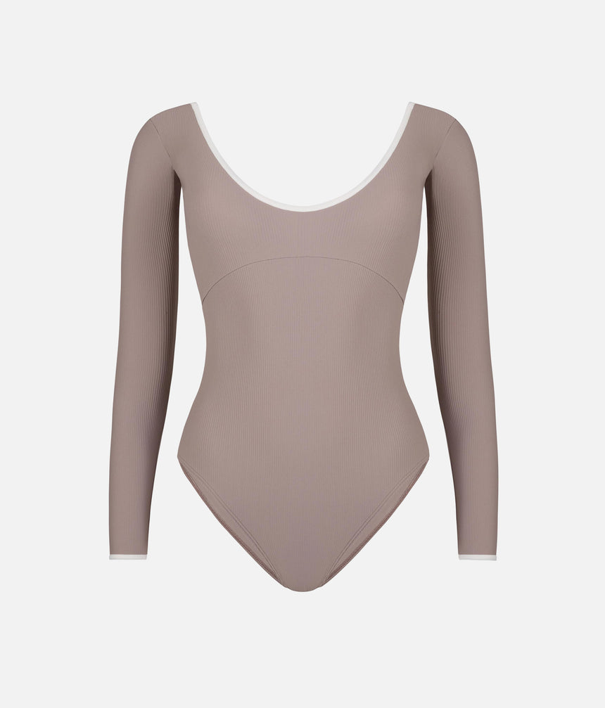 Mara Dancewear Alma Soft Brown ballet leotard, front view with 3/4 sleeves, scoop neckline and curved underbust seam.