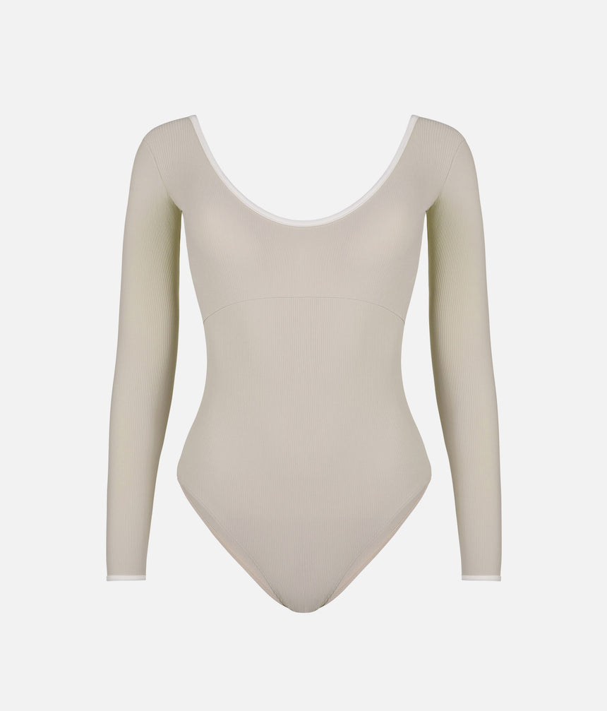 Alma Mist Green Ballet Leotard • 3/4 Sleeve Open Back & Compression Support