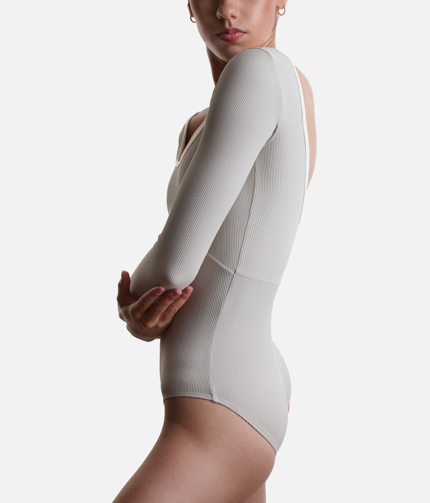 Alma Mist Green Ballet Leotard • 3/4 Sleeve Open Back & Compression Support