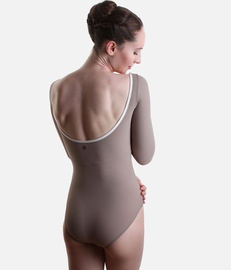 Mara Dancewear Alma Soft Brown worn from behind, showing the low scoop back, pale edging and small metallic emblem.