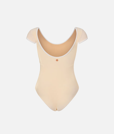 Back of Mara Dancewear Alma Butter Yellow leotard, with front lining visible through the pale-trimmed scoop back.