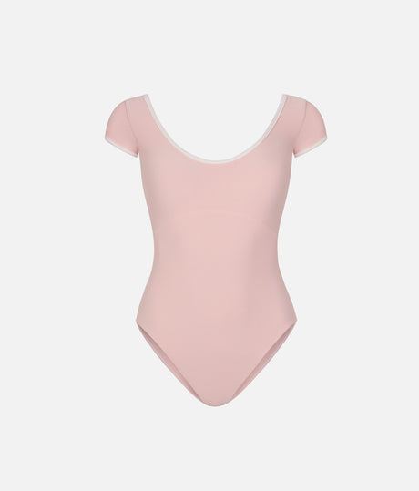 Front of Mara Dancewear Alma Ballet Pink leotard with cap sleeves, ribbed fabric, a scoop neckline and curved underbust seam.