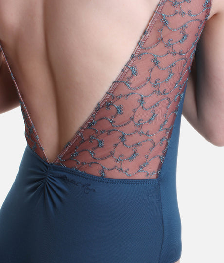 High Neckline Dance Leotard, Embroidered Mesh with Modern Open Back - ANTONIA