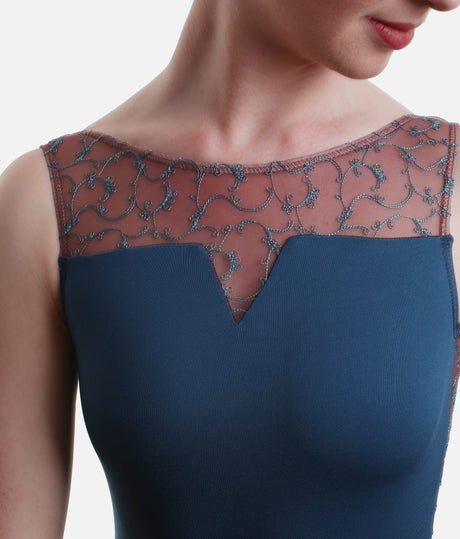 High Neckline Dance Leotard, Embroidered Mesh with Modern Open Back - ANTONIA