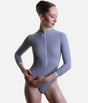 Front view of Mara Dancewear Aura Long Sleeve leotard in Soft Misty Blue with ribbed fabric, high neck and front zip.