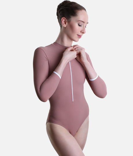 Mara Dancewear Aura Long Sleeve Dusty Rose ballet leotard, front view with ribbed fabric, white zip and cuff trim.