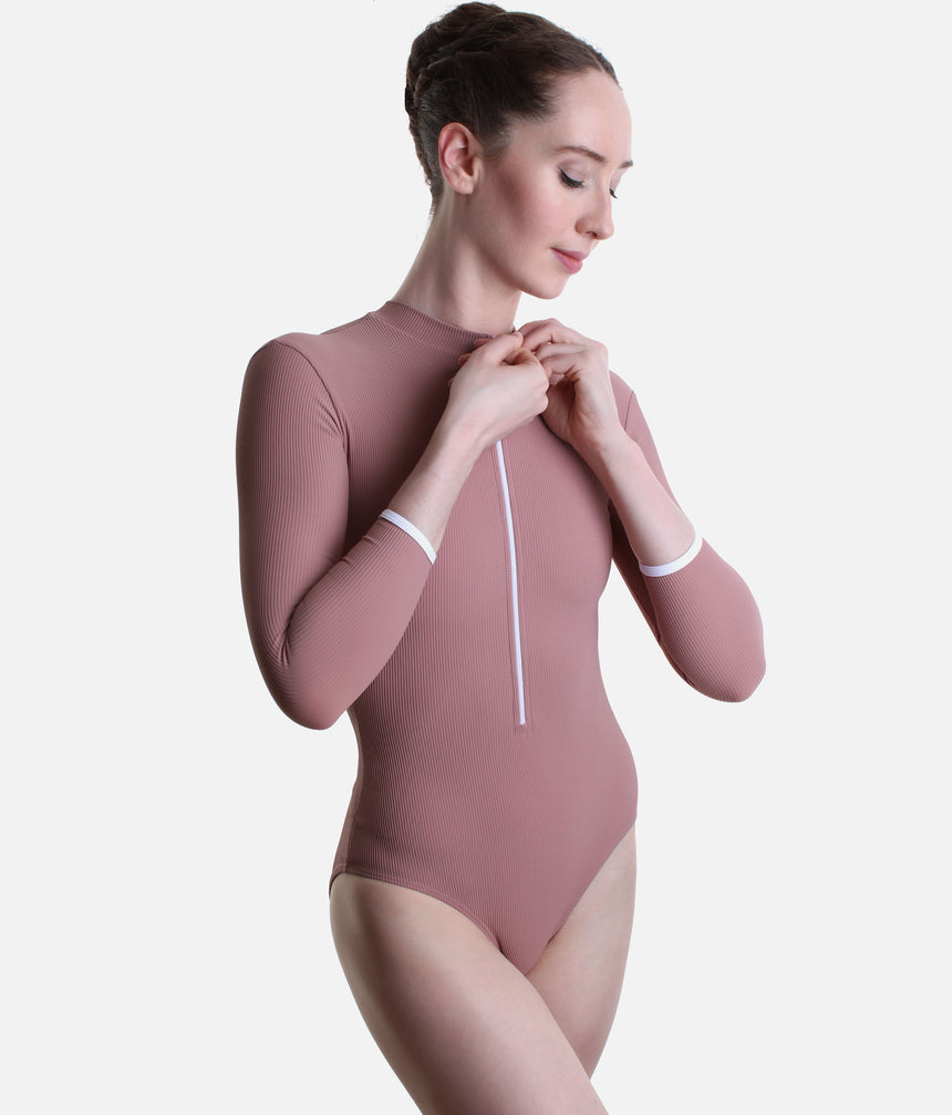 Mara Dancewear Aura Long Sleeve Dusty Rose ballet leotard, front view with ribbed fabric, white zip and cuff trim.