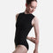 Front of Mara Dancewear Aura Total Black ballet leotard, showing the sleeveless cut, ribbed fabric and matching black zip.