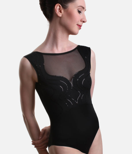 Sequin Embroidered Leotard, Mesh Sweetheart Neckline - AVIGNON