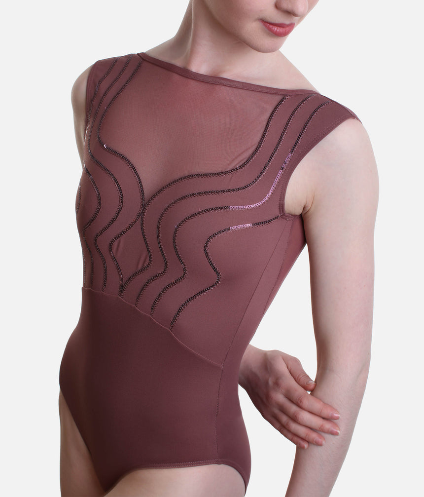 Sequin Embroidered Leotard, Mesh Sweetheart Neckline - AVIGNON