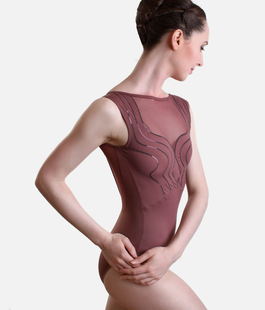 Sequin Embroidered Leotard, Mesh Sweetheart Neckline - AVIGNON
