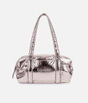 Repetto B0232NB medium ballet duffle in metallic Copper Pink, with long handles, a logo front pocket and gathered side bows.