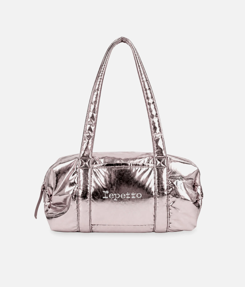 Repetto B0232NB medium ballet duffle in metallic Copper Pink, with long handles, a logo front pocket and gathered side bows.
