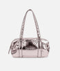 Repetto B0232NB medium ballet duffle in metallic Copper Pink, with long handles, a logo front pocket and gathered side bows.