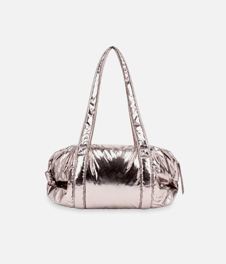 Back of the Repetto B0232NB Copper Pink ballet bag, with a glossy metallic panel, stitched long handles and gathered ends.