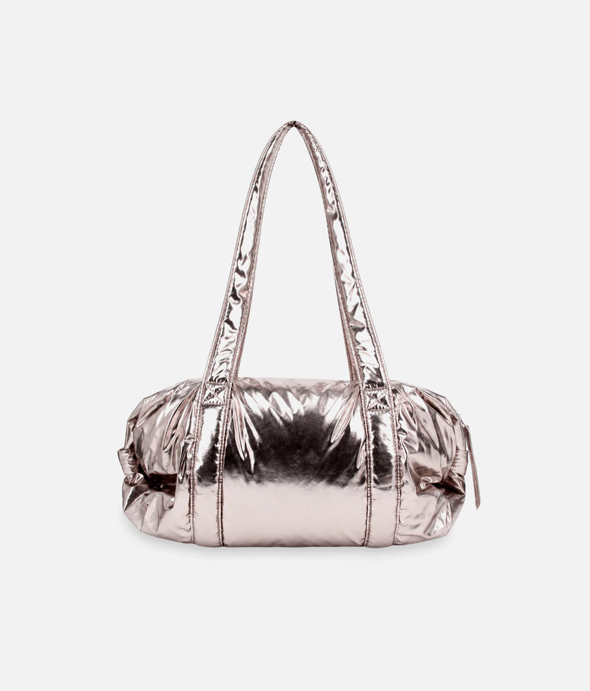 Back of the Repetto B0232NB Copper Pink ballet bag, with a glossy metallic panel, stitched long handles and gathered ends.