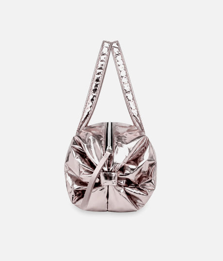 End view of the Repetto B0232NB metallic Copper Pink duffle, showing the rounded shape, side bow and long handles.
