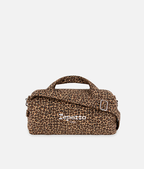 Repetto B0390TL leopard-print medium duffle bag with a white Paris logo, matching handles and an adjustable shoulder strap.