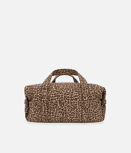 Back of the Repetto B0390TL duffle bag showing the all-over brown leopard print, twin handles and gathered ends.