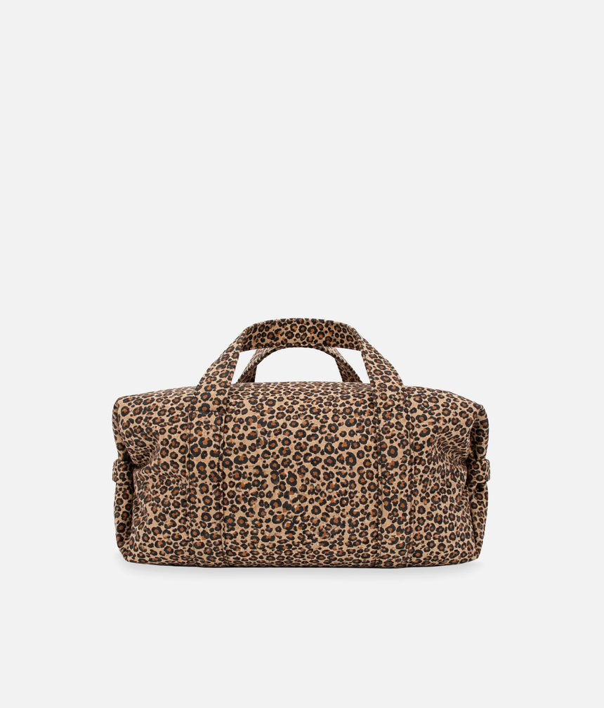 Back of the Repetto B0390TL duffle bag showing the all-over brown leopard print, twin handles and gathered ends.
