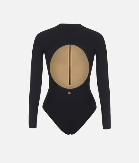 Back worn view of Mara Dancewear Aura Long Sleeve in Total Black showing the large rounded open back.