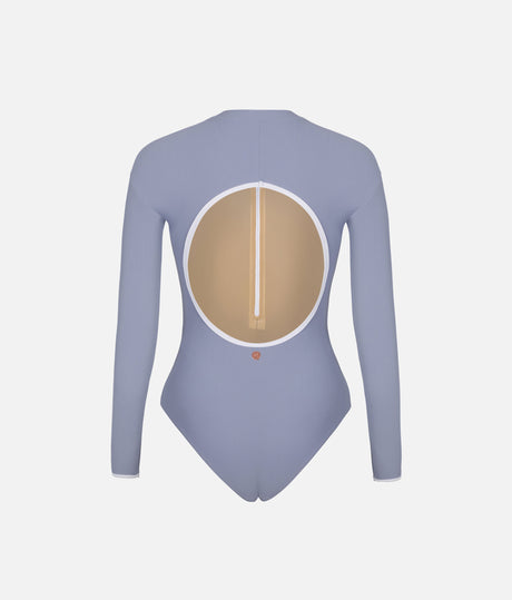 Back view of Mara Dancewear Aura Long Sleeve leotard in Soft Misty Blue with a large rounded open back and pale trim.